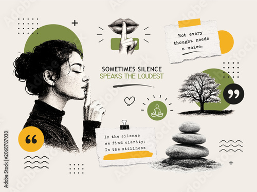 Minimalist mindfulness collage with woman making silence gesture, meditation symbol, balanced stones and inspirational quotes. Mental wellness, self-awareness and inner peace concept.
