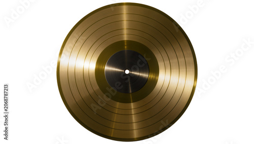 Fotografie Shiny golden vinyl record with concentric grooves, isolated on transparent backg