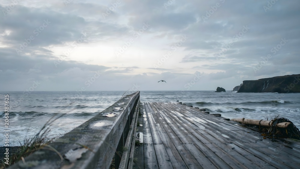 Fototapeta premium Wooden Pier Extending into Ocean Under Cloudy Sky with Cliffs in the Distance