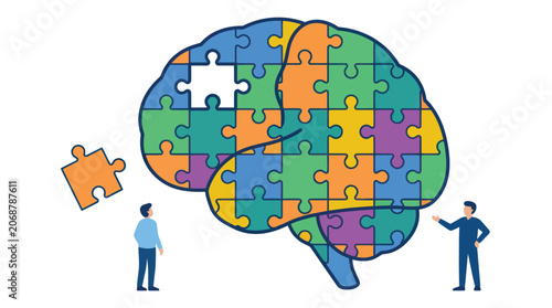 Tableau sur toile A colorful puzzle brain with missing pieces and two figures contemplating it
