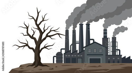 Valokuva Industrial factory emitting smoke next to a barren tree on dry land