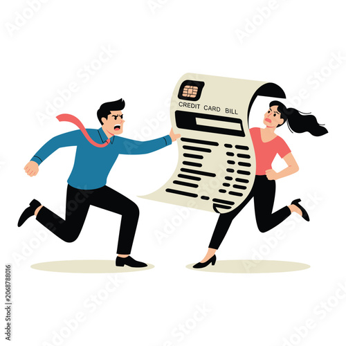 Angry couple running from giant credit card bill debt