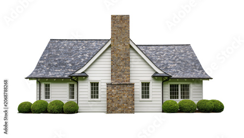 Photos White siding house with grey shingle roof and brick chimney