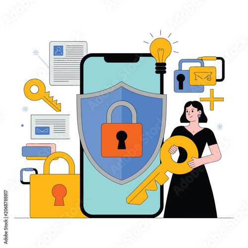 Mobile security shield with padlocks and user protection concept