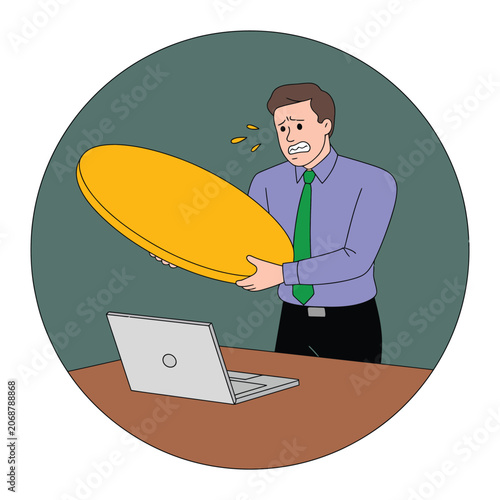 Stressed businessman looking at large coin on computer screen