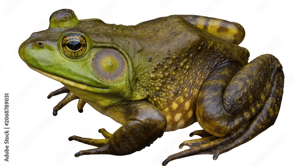 Fototapeta premium Large green bullfrog with textured skin and yellow spots