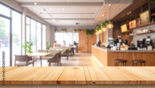 Cozy Cafe Interior with Wooden Tables and Barista Counter.