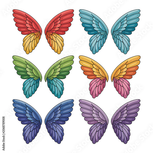 Set of colorful butterfly wings in various color combinations