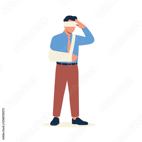 Injured office worker with arm sling and head bandage, employee