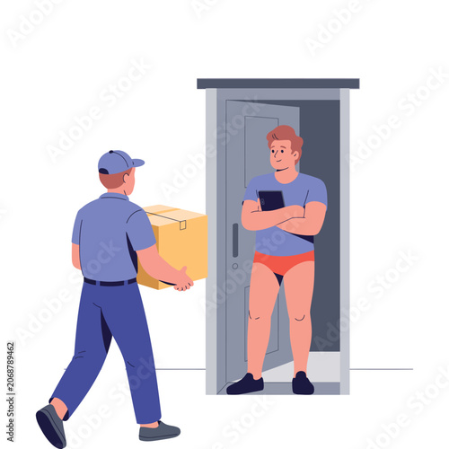 Delivery person handing parcel to man in underwear with e commerce
