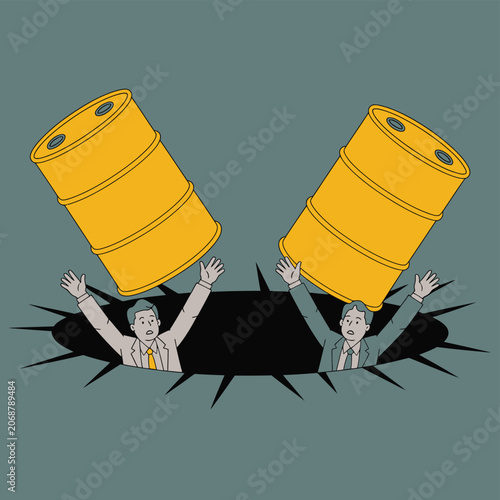 Businessmen holding oil barrels over black hole concept