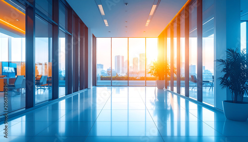 Modern Office Corridor with City View and Sunlight.