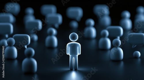 A figure stands alone surrounded by speech bubbles reflecting its own thoughts in a dark space. This shows a concept of echo chamber communication.