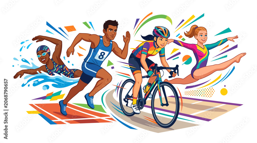 Fototapeta premium Flat 2D Vector Illustration of Diverse Athletes Running Cycling Swimming Gymnastics
