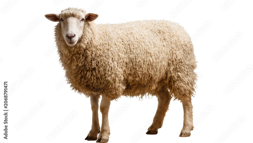 Fototapeta premium Woolly sheep standing on white