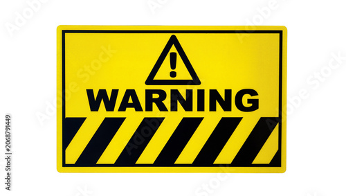 Yellow rectangular warning sign with black text and hazard stripes, isolated on transparent background