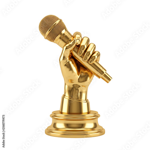 Golden Hand Holding Golden Microphone Award Isolated on Transparent Background