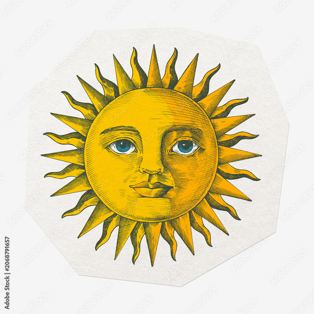 Fototapeta premium Vintage sun with face, cut out paper, off white design