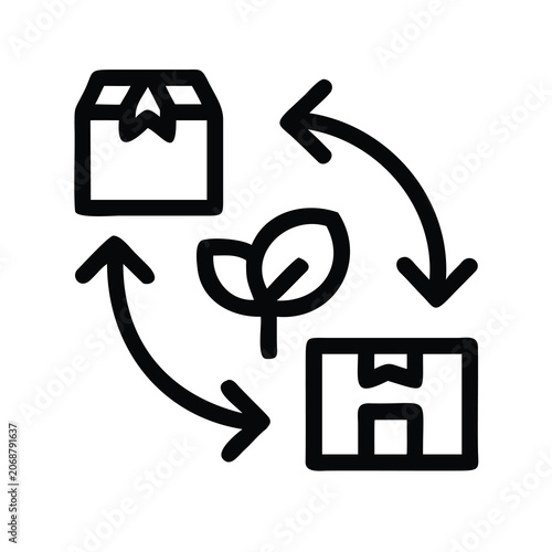 Recycling process with eco-friendly icons - Minimalist vector icons showing recycling from home to factory and plant growth, emphasizing sustainability.
