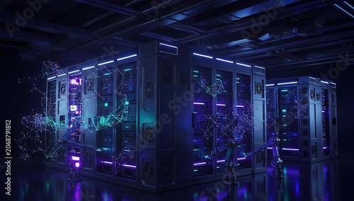 Futuristic Data Center with Neon Lighting and Digital Effects