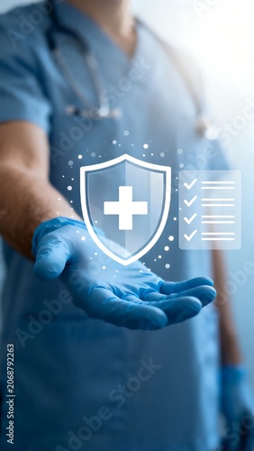 Healthcare professional holding a digital medical shield icon with checkmarks