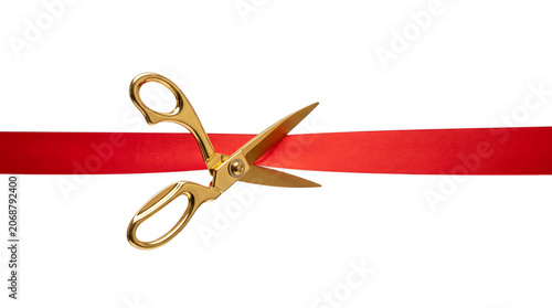 Golden Scissors Cutting Red Ribbon Isolated Background