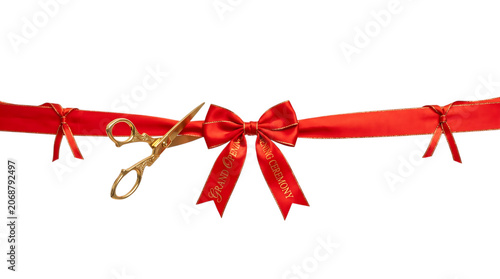 Golden Scissors Cutting Red Ribbon Isolated on Transparent Background