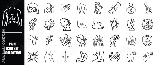 Body pain icon set for injury, muscle, teeth, ear, and physical therapy symbols. Solid vector icon collection.