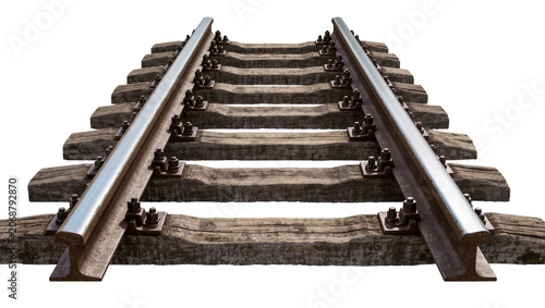 Foto Weathered wooden railway sleepers with steel rails and bolts