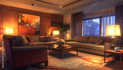 Luxurious Hotel Lobby Lounge with Warm Lighting and City View.