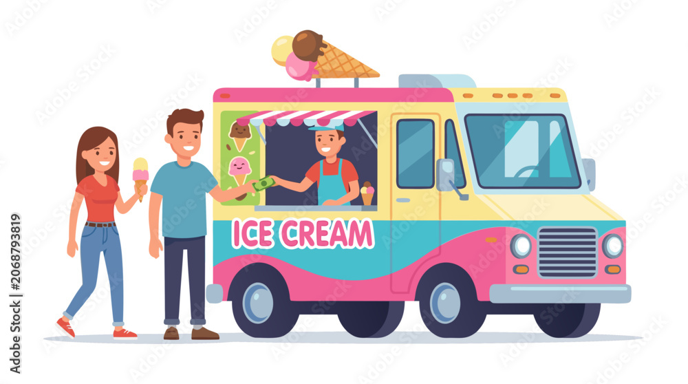 Fototapeta premium Kids and Parents Buying Ice Cream from Food Truck