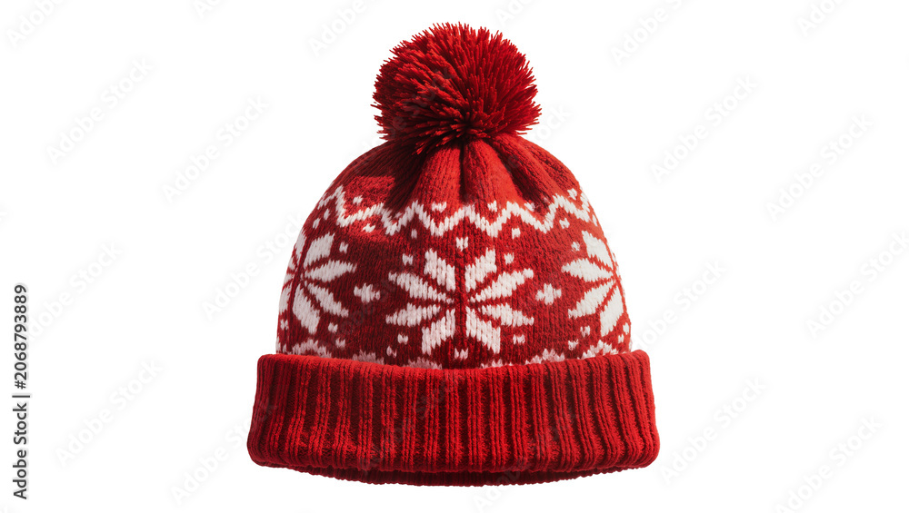Fototapeta premium Red knitted beanie with white snowflake pattern and pompom