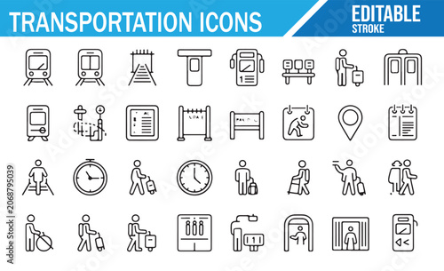 Transportation Icons Set with Train Bus Tram Taxi Bicycle Parking Station Ticket and Public Transit Symbols Editable Black Outline Vector Collection