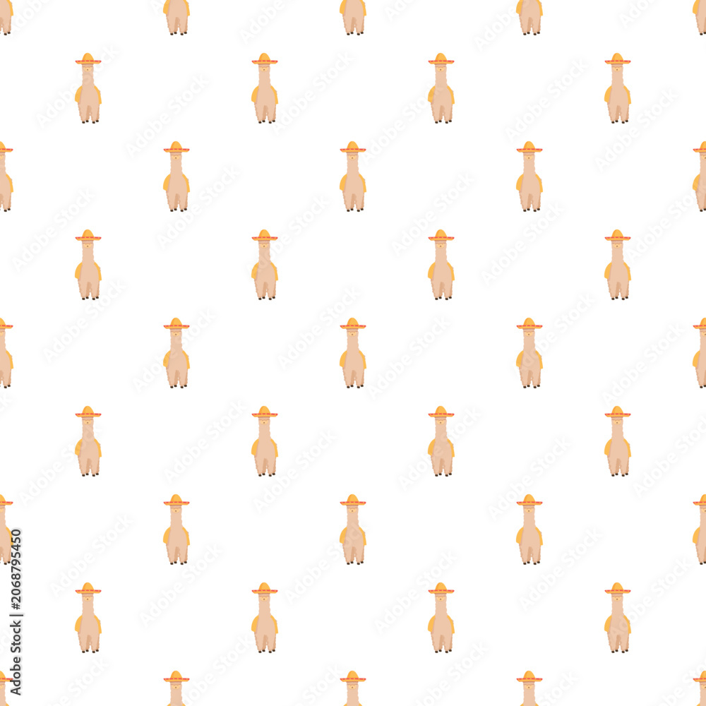 Fototapeta premium Seamless pattern with cute cartoon llamas wearing yellow sombreros on a white background