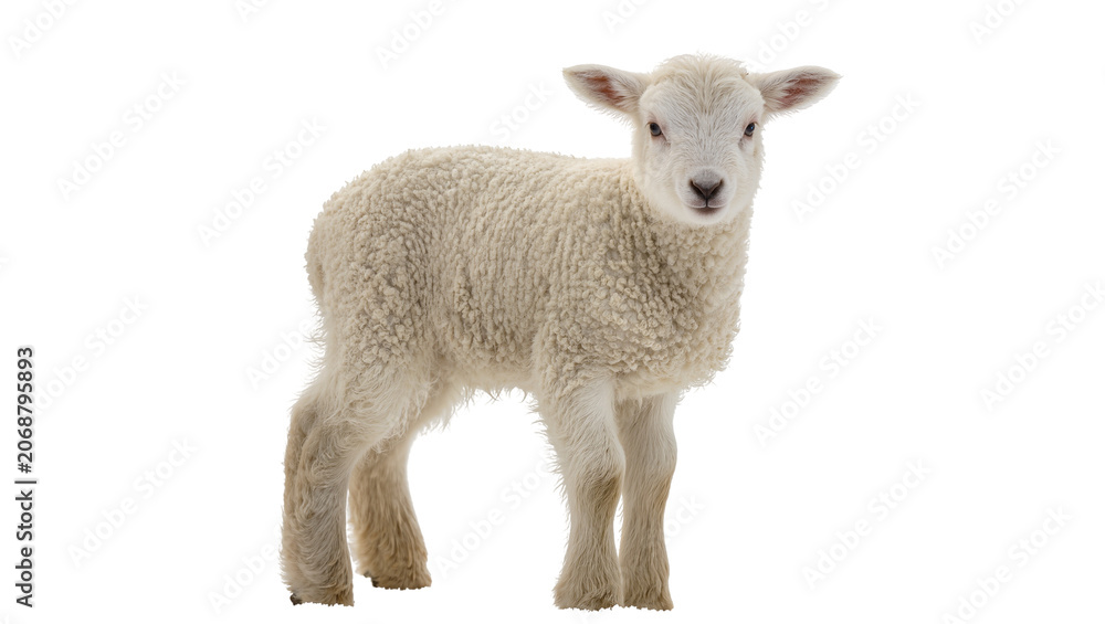 Fototapeta premium Young fluffy white lamb standing on white