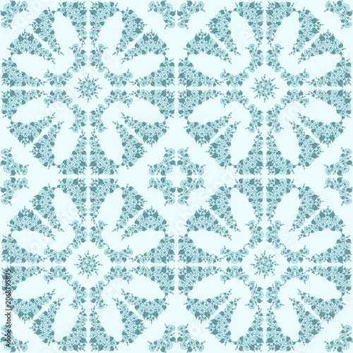 Seamless tile pattern featuring morning glory and morning glory flowers in green and emerald on a light green background. Vector illustration.