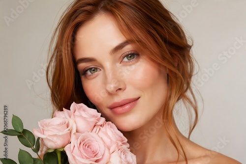 Beautiful redheaded woman holding pink roses against a neutral background