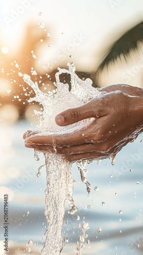 Cupped hands splash and hold clean fresh water, glistening drops sparkle and fall. Bright sunlight illuminates pure liquid flowing outdoors. Natural tropical scene.