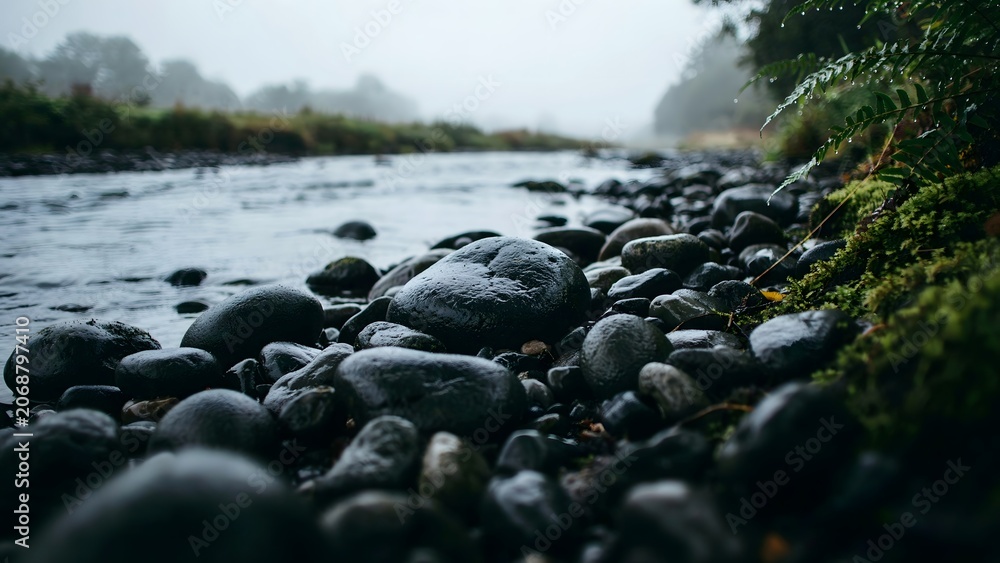 Obraz premium Rocky Riverbank with Pebbles and Flowing Water in Nature Scene during Foggy Day