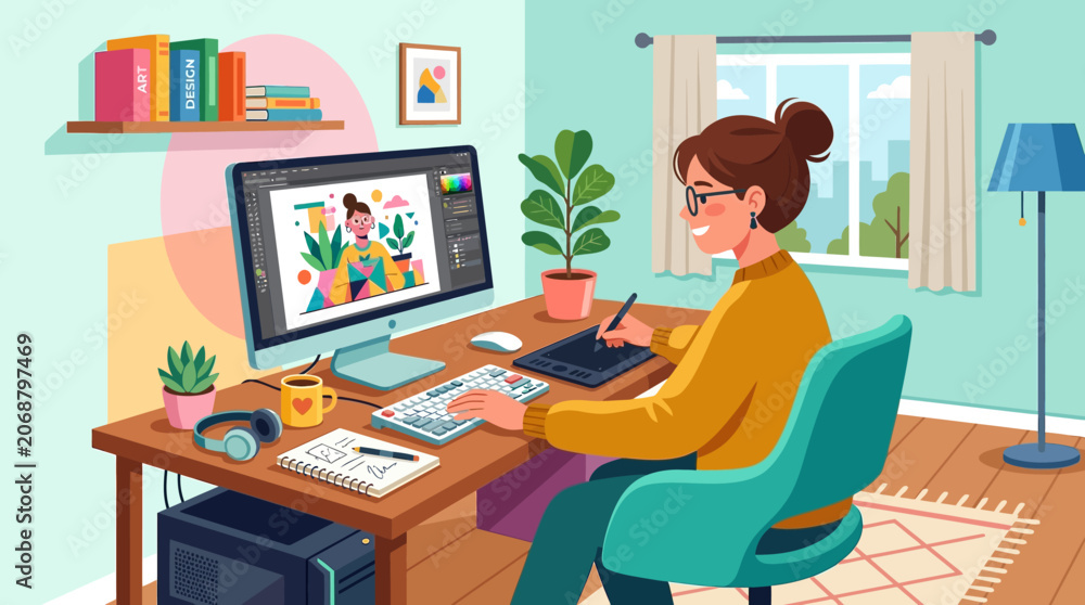 Fototapeta premium Young Businesswoman Working on Laptop at Office Desk and Cozy Cafe Workspace with Computer Technology and Online Communication Vector Illustration