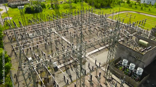 High voltage electrical substation with transformers and power lines for energy transmission, an essential component of the modern power grid for delivering electricity to consumers and industries