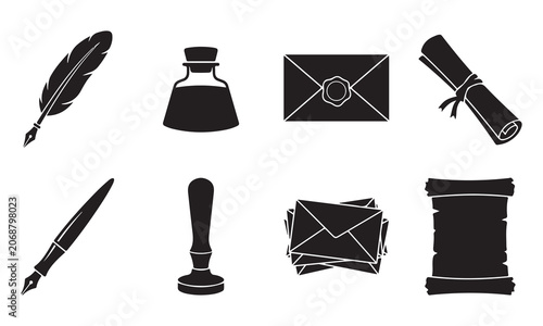 Canvastavla Set of black silhouette depicting vintage writing and correspondence tools, incl