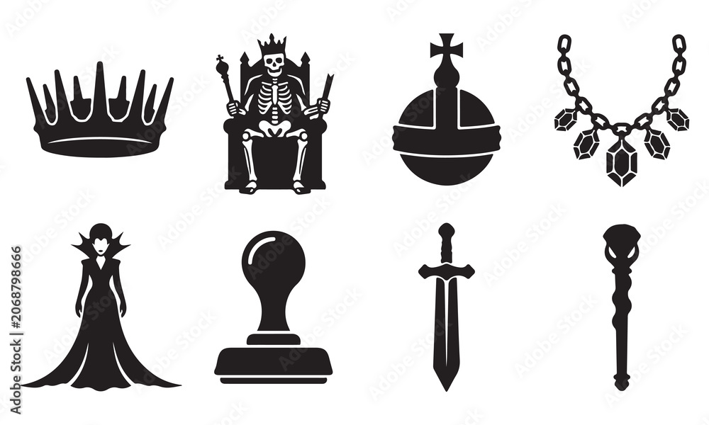 Naklejka premium Set of black silhouette featuring a royal crown, a skeleton king on a throne, a regal orb, a jeweled necklace, a queen figure, a wax seal stamp, a sharp sword, and a magic scepter