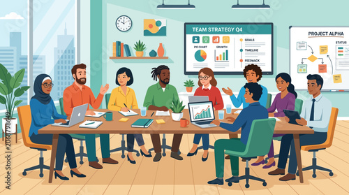 Business team meeting in modern office with people sitting around table discussing ideas, collaboration, communication and technology during a professional conference presentation