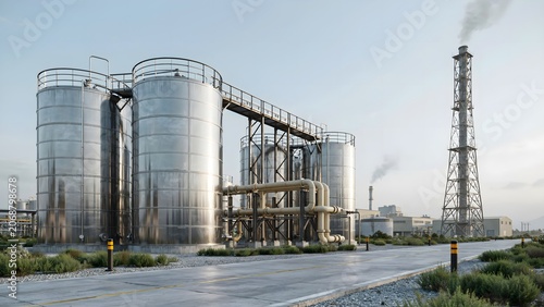 Industrial Storage Tanks and Chimney Emitting Smoke in Factory Setting