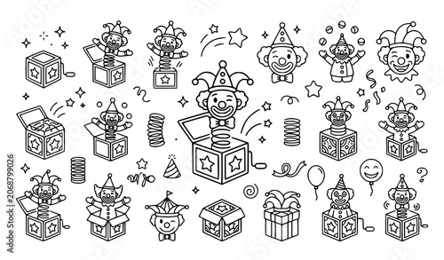 Foto Jack in the box clowns collection hand drawn black and white vector illustration