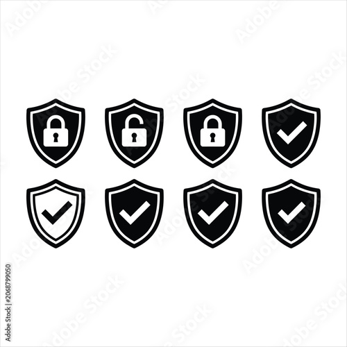 Shield Icons Set with Lock and Check Marks, Cybersecurity Protection Concept for Secure Access and Verification Design