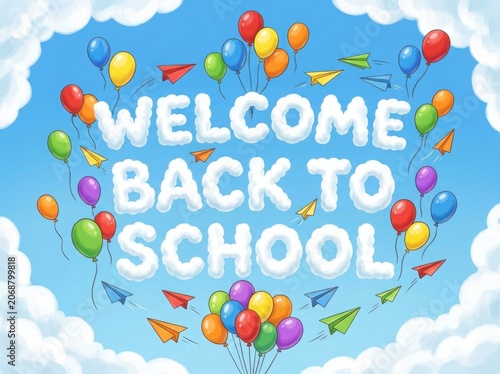 Welcome back to school illustration with balloons and paper airplanes