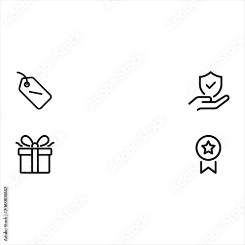 Gift Tag Icon with Hand Shield Check, Award Ribbon Badge, and Quality Assurance Line Symbols on White Background