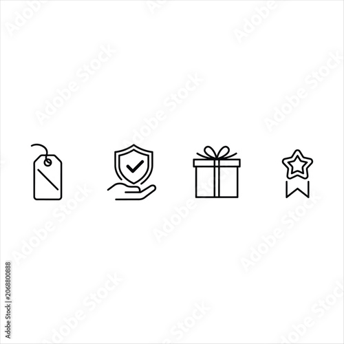 Tag Icon, Shield Protection Check, Gift Box with Ribbon, and Award Badge Star Set on White Background